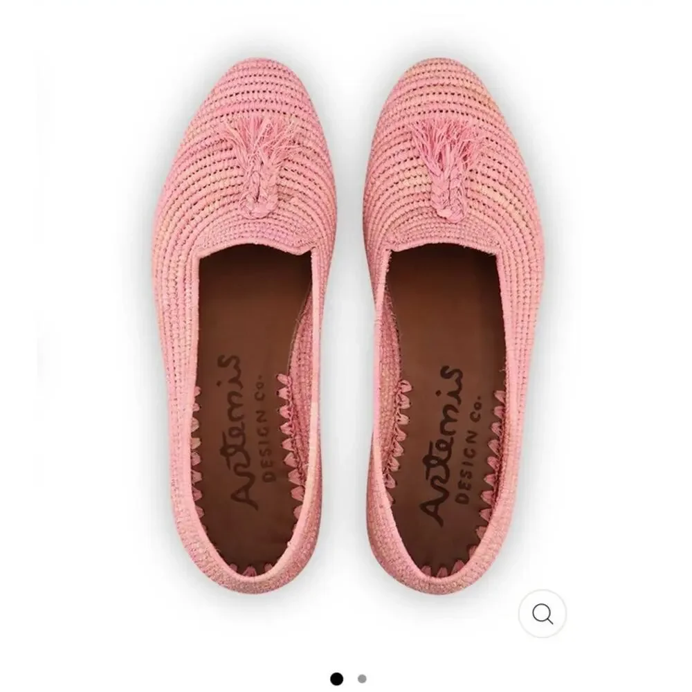 Artemis Design | Women's Raffia Loafers Coral Sz 8 Leather Handmade in Morocco
